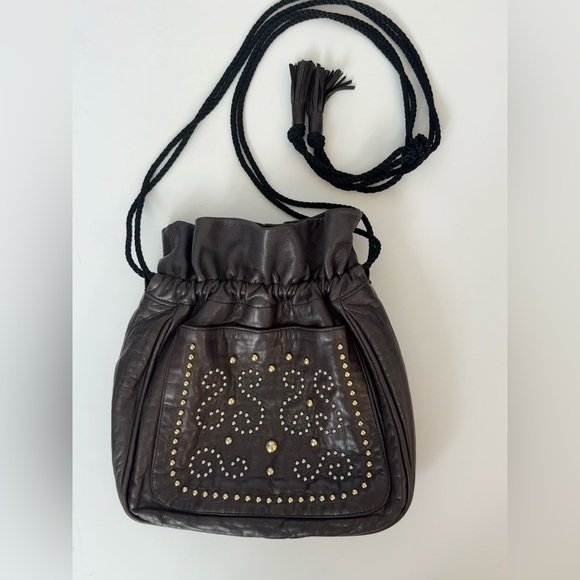 Yves Saint Laurent Vintage Brown Leather Studded Fringe Black Tie Handbag - Picture 2 of 15